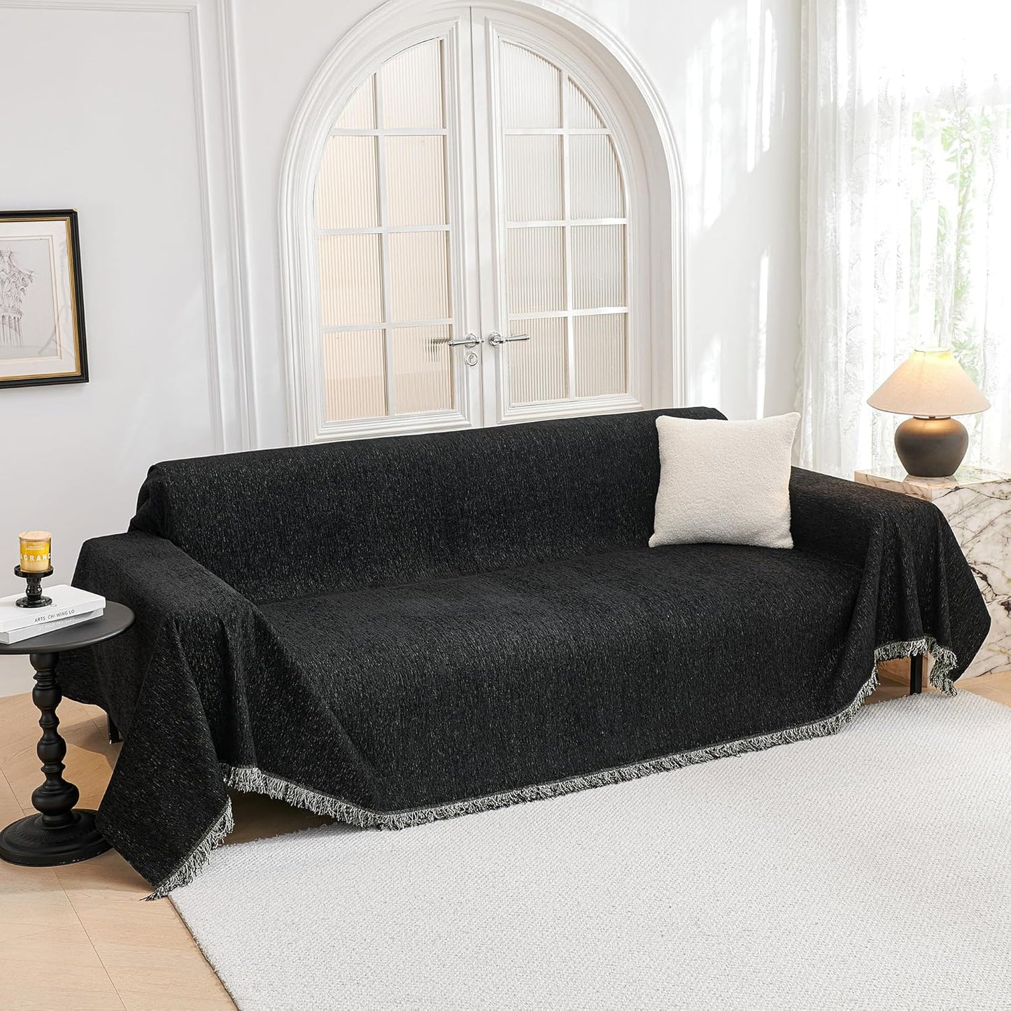 Couch Cover for Dogs, Washable Couch Covers, Non Slip Couch Sofa Cover, Couch Cover 2 Cushion Sofa Dogs Furniture Protector with Tassels Chenille Sofa Covers for Pets, 71"x118", Dark Grey