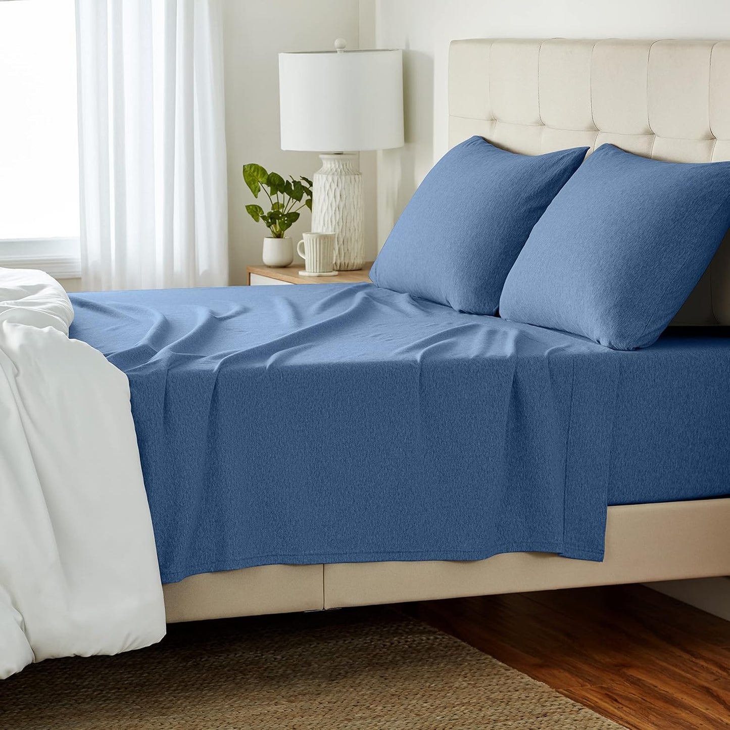 Basics 4 Piece Bed Sheets Set, 100% Cotton Jersey, Includes Super Soft, Flat and Fitted Sheets, Pillowcase, King, Oatmeal, Solid