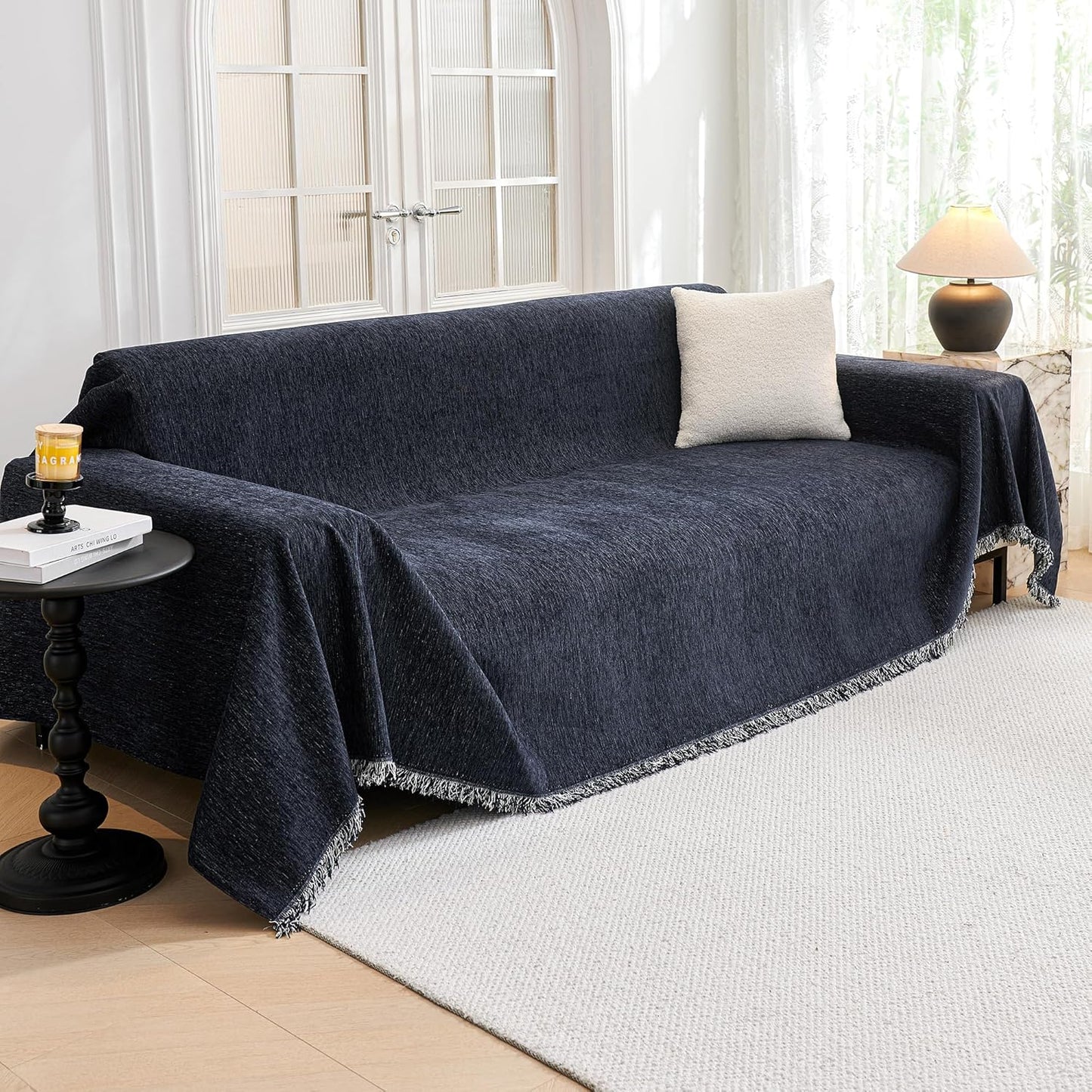 Couch Cover for Dogs, Washable Couch Covers, Non Slip Couch Sofa Cover, Couch Cover 2 Cushion Sofa Dogs Furniture Protector with Tassels Chenille Sofa Covers for Pets, 71"x118", Dark Grey