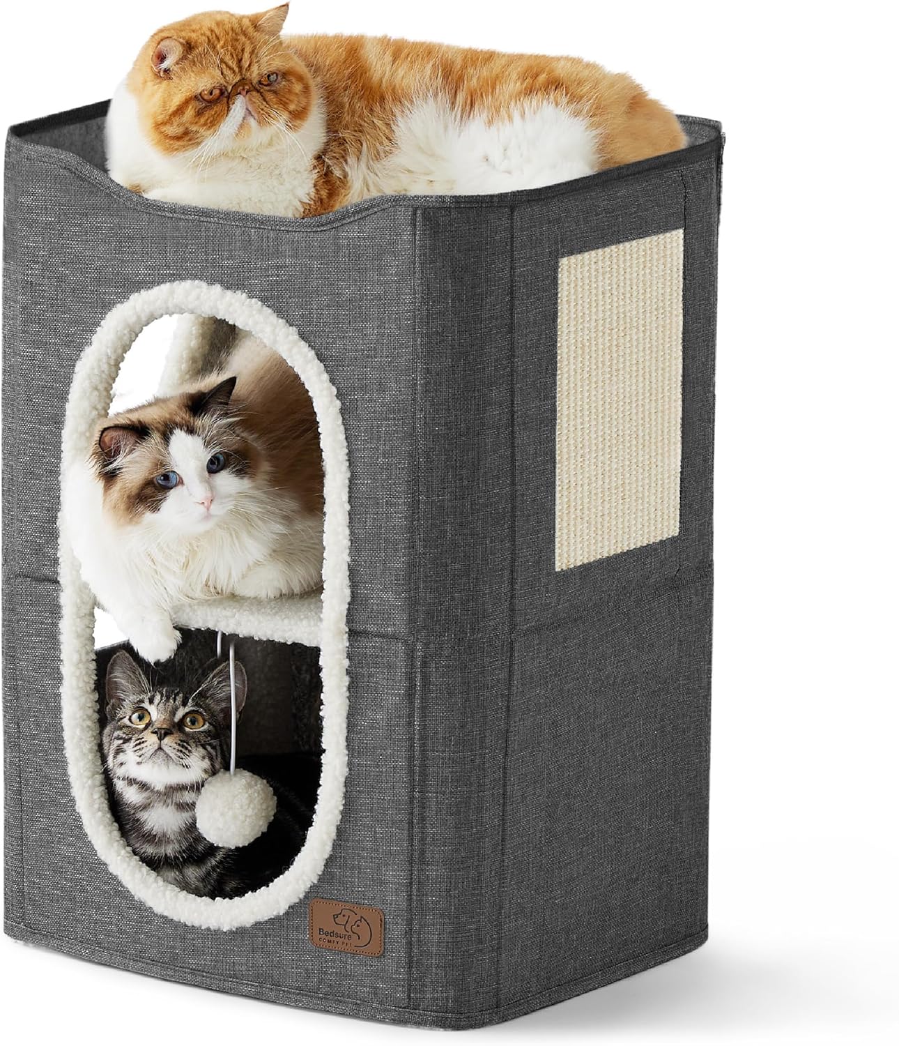 2-Level Cat House for Indoor Cats - Small Cat Towers with Scratch Pad and Hideaway Condo, Cat Cave Bed Furniture for Multi Pets and Large Cats, 18x14x23 inches, Grey