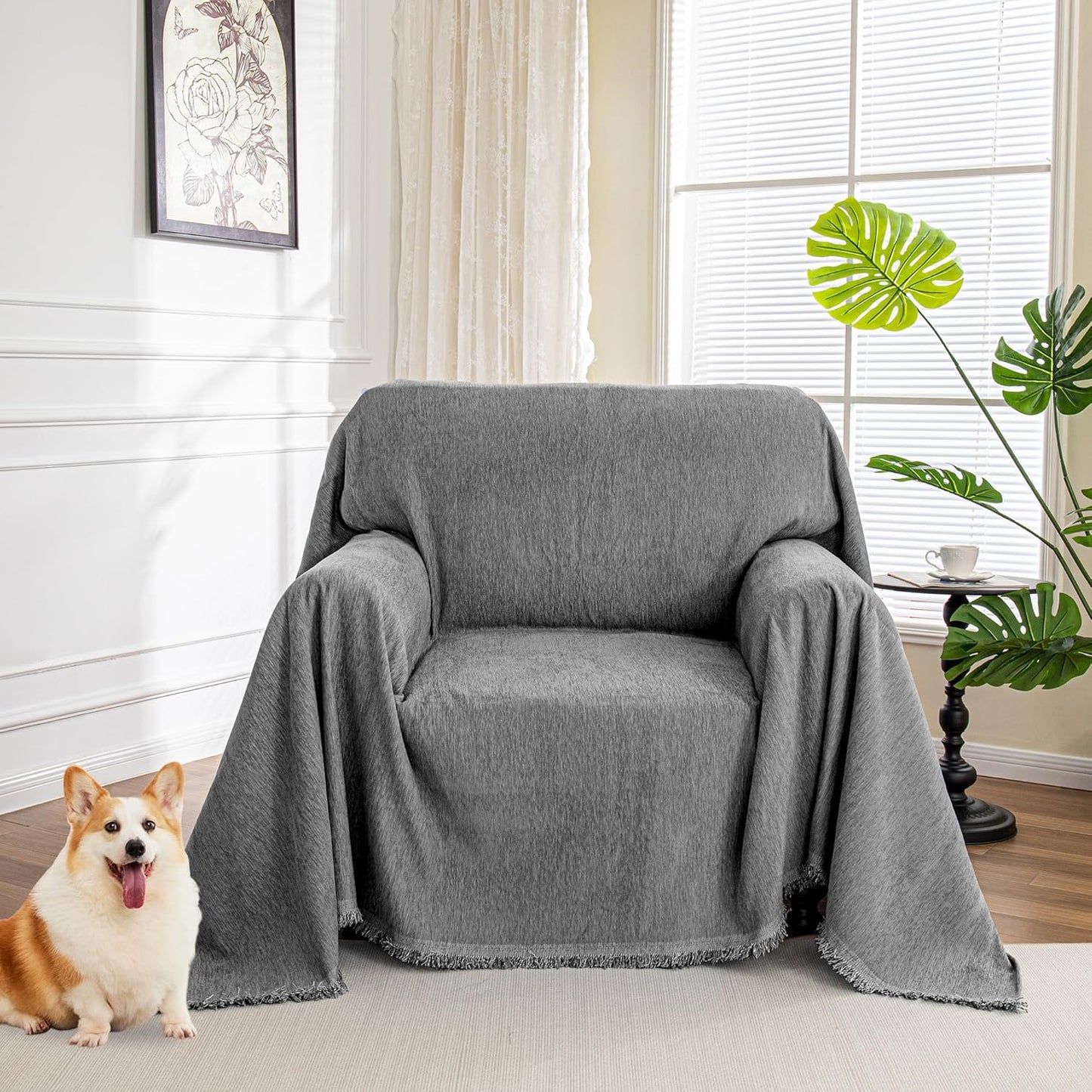 Couch Cover for Dogs, Washable Couch Covers, Non Slip Couch Sofa Cover, Couch Cover 2 Cushion Sofa Dogs Furniture Protector with Tassels Chenille Sofa Covers for Pets, 71"x118", Dark Grey