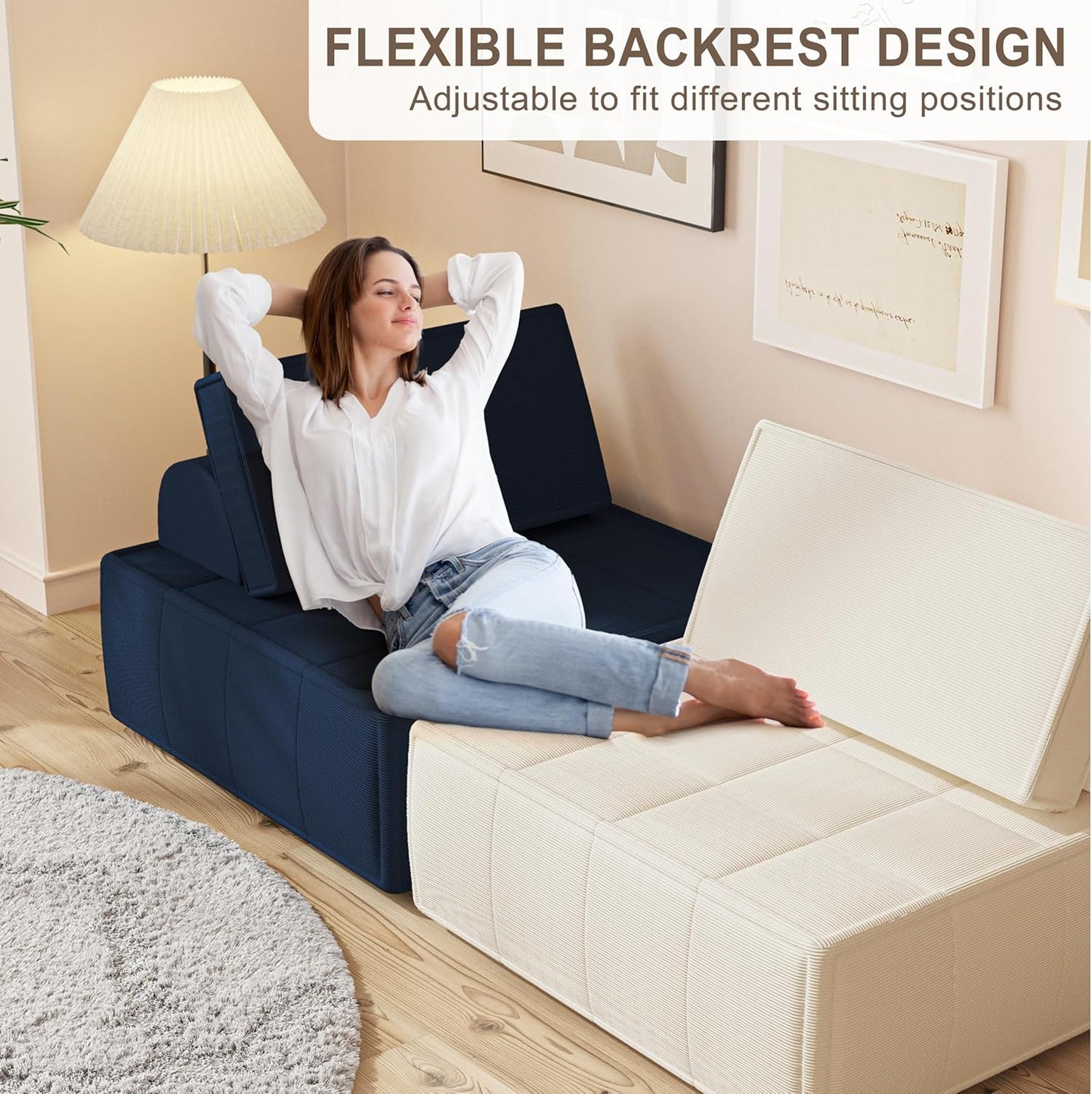 Modular Sectional Sofa, 35" Small Sofa Couch, Corduroy Sofa Sleeper Deep Seat Sofa with Adjustable Backrest, Small Couch for Small Spaces, Living Room, Bedroom, Apartment,White Office Couch