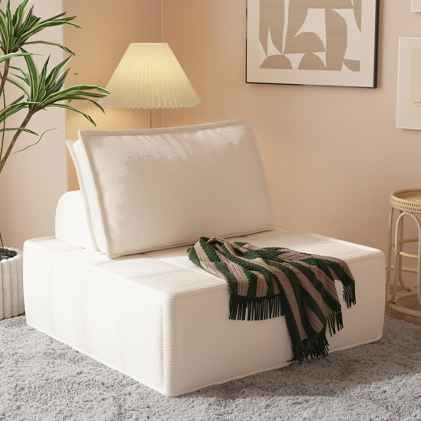 Modular Sectional Sofa, 35" Small Sofa Couch, Corduroy Sofa Sleeper Deep Seat Sofa with Adjustable Backrest, Small Couch for Small Spaces, Living Room, Bedroom, Apartment,White Office Couch