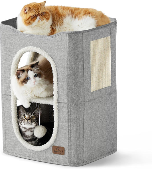 2-Level Cat House for Indoor Cats - Small Cat Towers with Scratch Pad and Hideaway Condo, Cat Cave Bed Furniture for Multi Pets and Large Cats, 18x14x23 inches, Grey