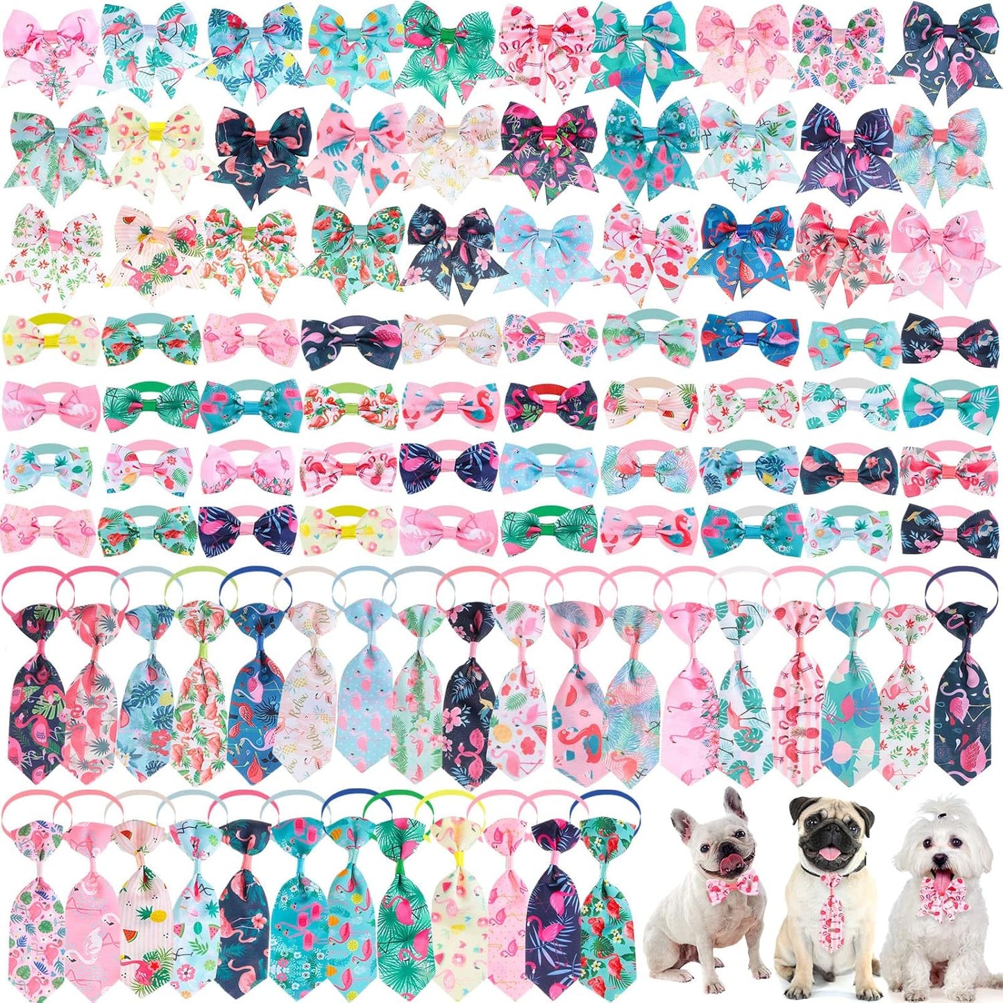 100 Pieces Dog Bow Tie Collar Set Include 40 Dog Neckties, and 30 Puppy Bowties, 30 Collar Flowers, Adjustable Pet Ties Grooming for Small Medium Cats Pets Supply(Paw Bone)