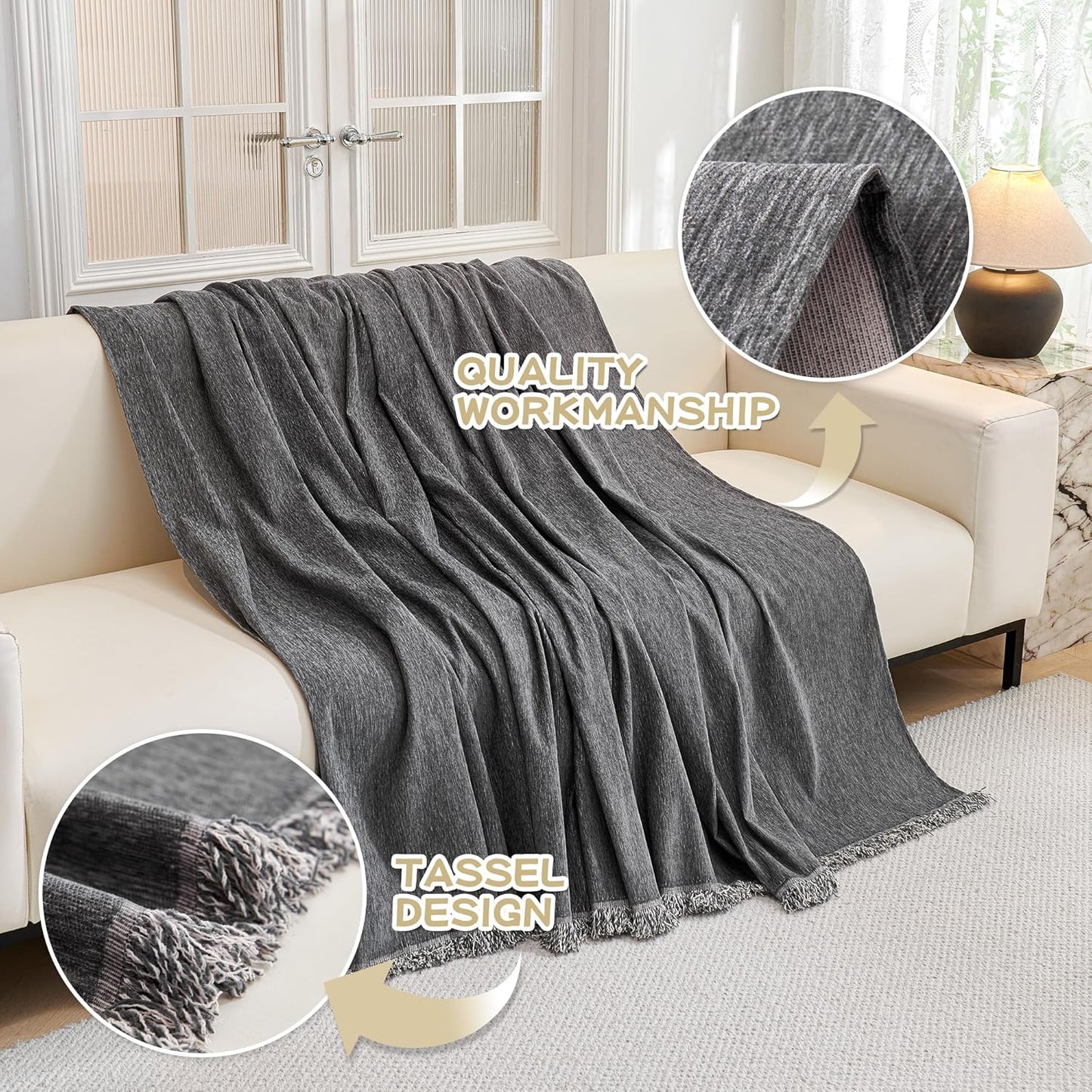 Couch Cover for Dogs, Washable Couch Covers, Non Slip Couch Sofa Cover, Couch Cover 2 Cushion Sofa Dogs Furniture Protector with Tassels Chenille Sofa Covers for Pets, 71"x118", Dark Grey