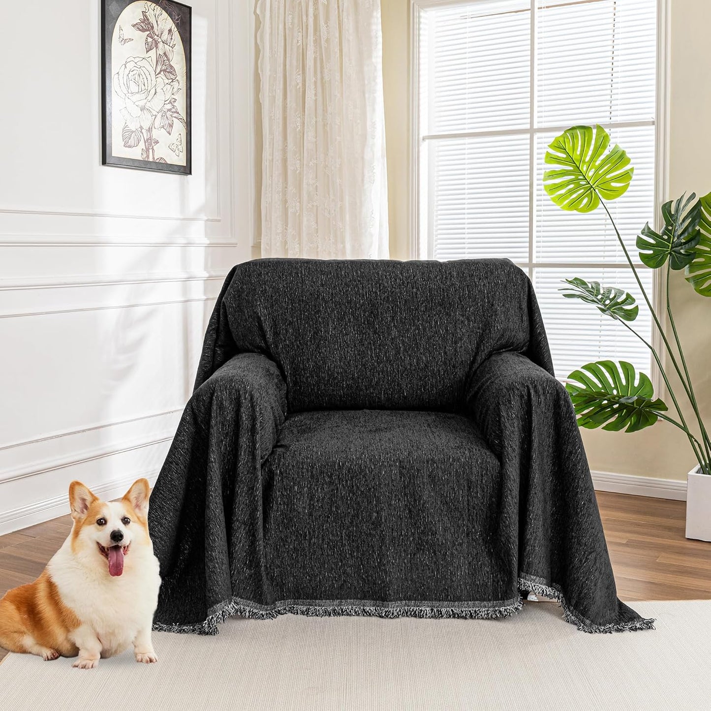 Couch Cover for Dogs, Washable Couch Covers, Non Slip Couch Sofa Cover, Couch Cover 2 Cushion Sofa Dogs Furniture Protector with Tassels Chenille Sofa Covers for Pets, 71"x118", Dark Grey