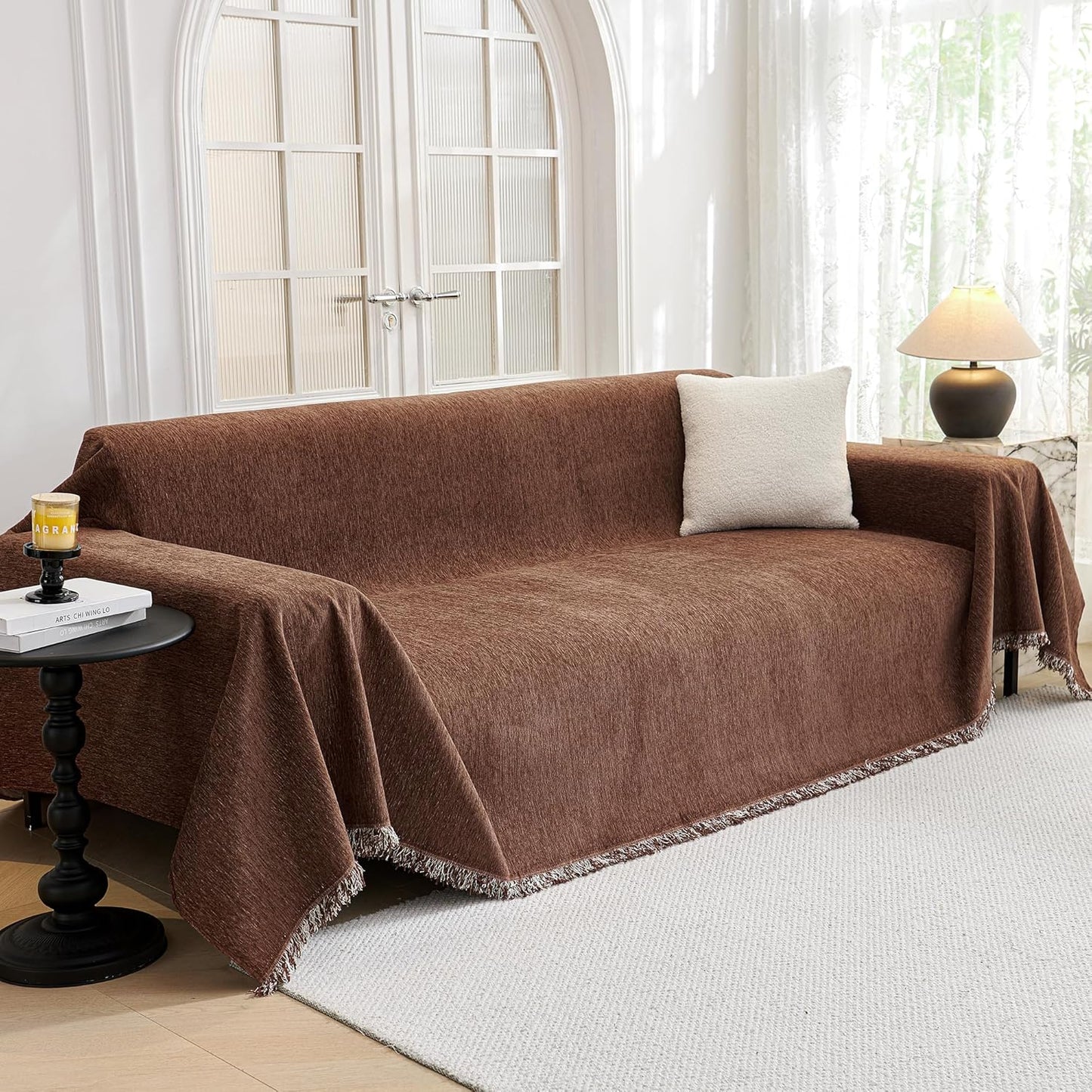 Couch Cover for Dogs, Washable Couch Covers, Non Slip Couch Sofa Cover, Couch Cover 2 Cushion Sofa Dogs Furniture Protector with Tassels Chenille Sofa Covers for Pets, 71"x118", Dark Grey