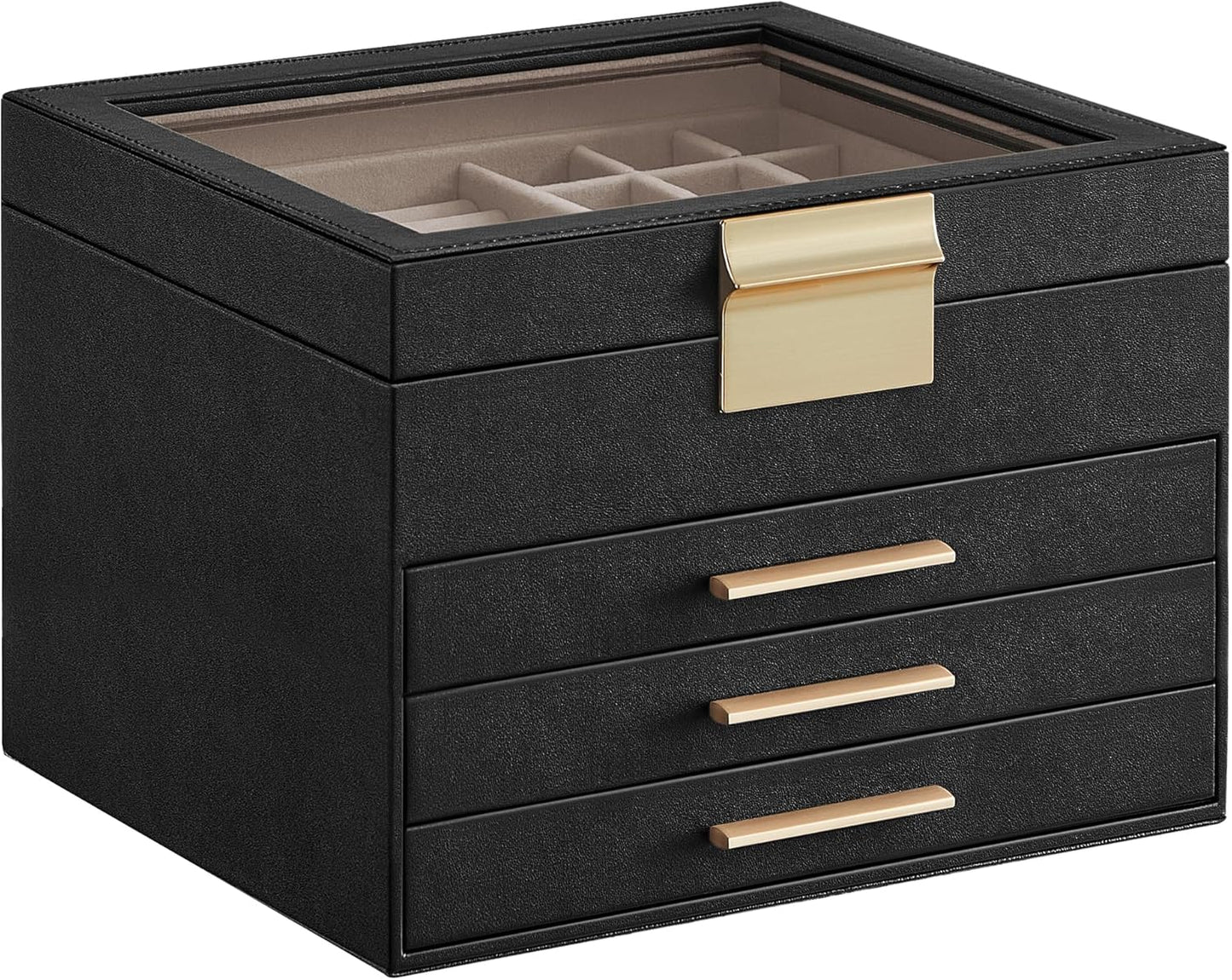 Jewelry Box with Glass Lid, 6-Layer Jewelry Organizer, 5 Drawers, for Big and Small Jewelry, Jewelry Storage, Modern Style, 8 x 9.1 x 9 Inches, Cloud White and Gold Color UJBC176W01