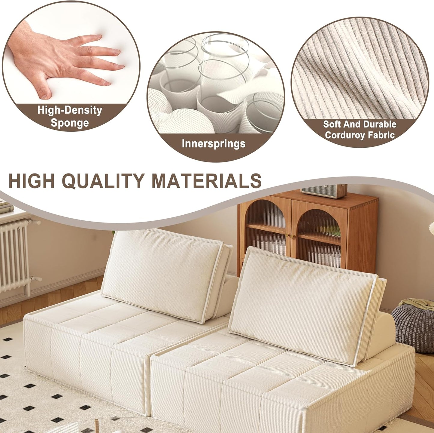 Modular Sectional Sofa, 35" Small Sofa Couch, Corduroy Sofa Sleeper Deep Seat Sofa with Adjustable Backrest, Small Couch for Small Spaces, Living Room, Bedroom, Apartment,White Office Couch