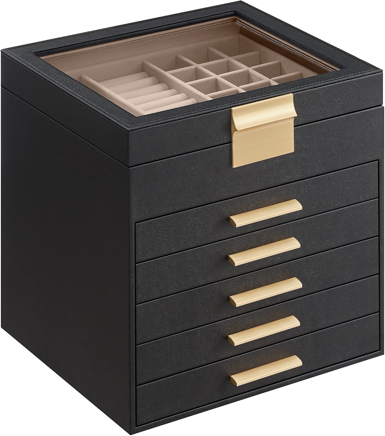 Jewelry Box with Glass Lid, 4-Layer Jewelry Organizer, 3 Drawers, for Big and Small Jewelry, Jewelry Storage, Modern Style, 8 x 9.1 x 6.5 Inches, Avocado Green and Gold Color UJBC173C02
