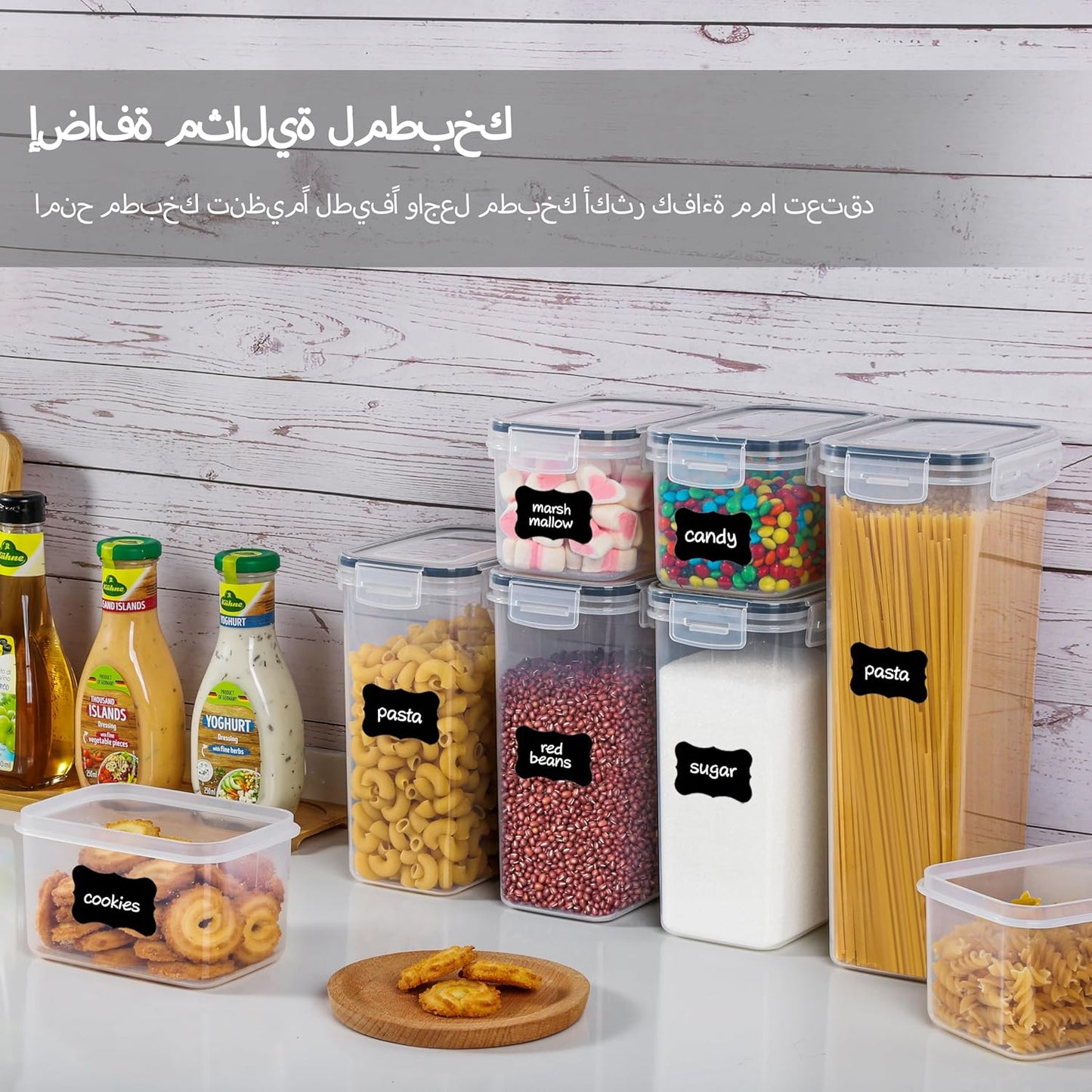 Airtight Food Storage Containers with Lids, 24 pcs Plastic Kitchen and Pantry Organization Canisters for Cereal, Dry Food, Flour and Sugar, BPA Free, Includes 24 Labels，Black
