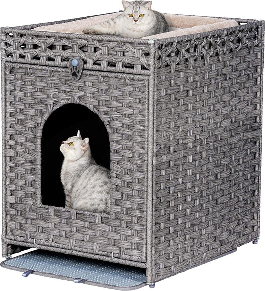 Cat Litter Box Enclosure Furniture Hidden with Cat Litter Mat, Hidden Cat Washroom Furniture with Door, Handwoven Rattan Cat Washroom Box, Indoor Pet House for Living Room, Bedroom(Grey)