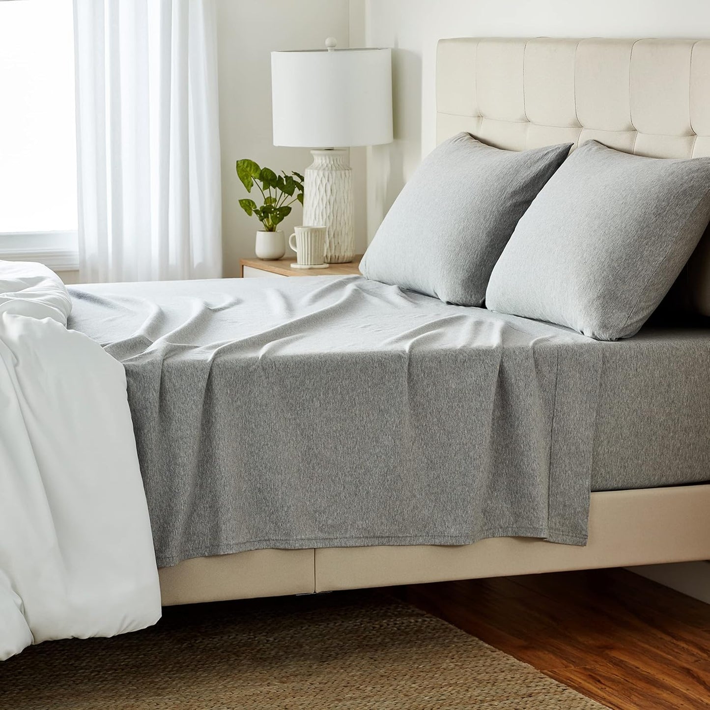 Basics 4 Piece Bed Sheets Set, 100% Cotton Jersey, Includes Super Soft, Flat and Fitted Sheets, Pillowcase, King, Oatmeal, Solid