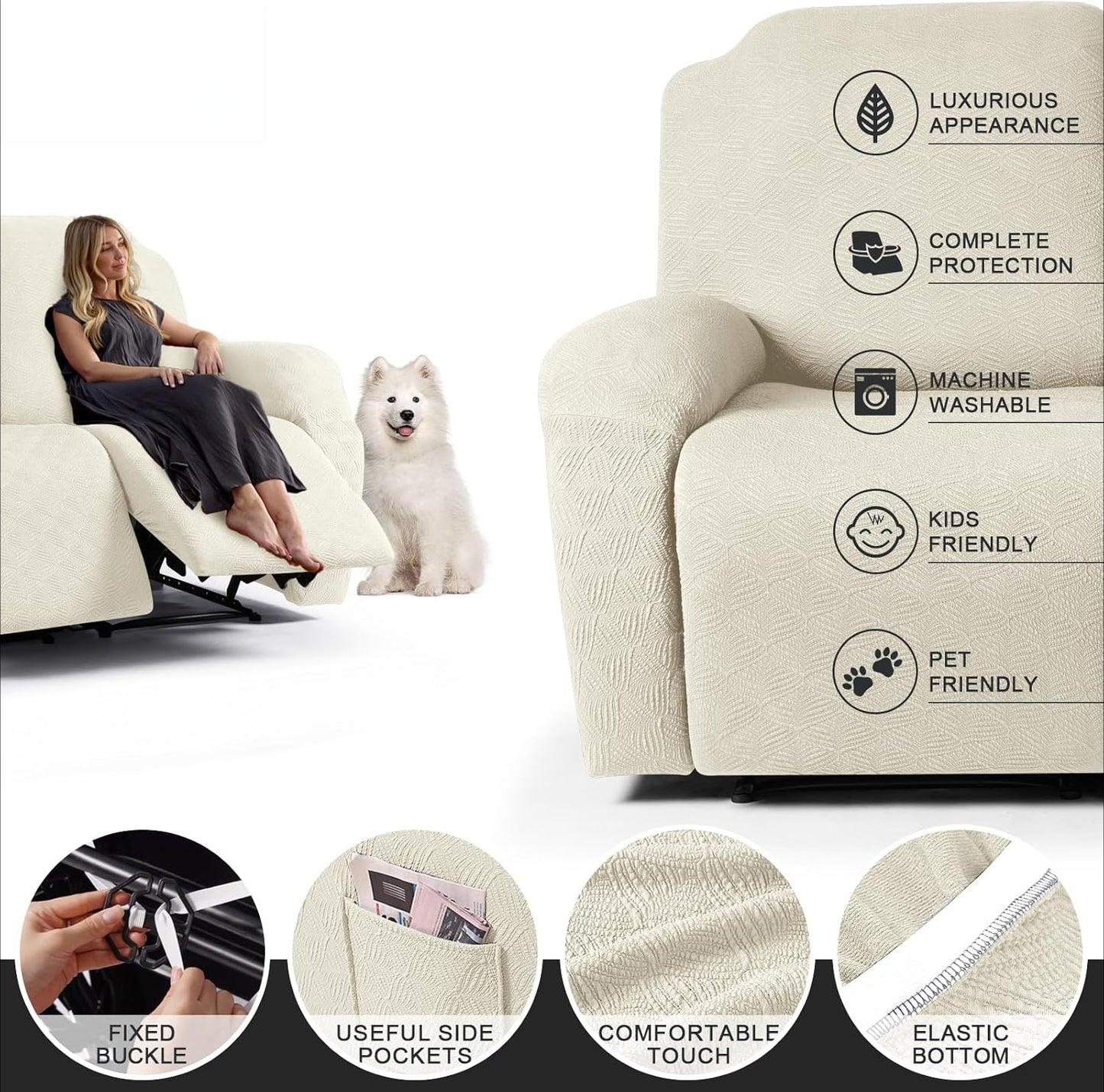 Recliner Covers Recliner Chair Covers Reclining Couch Covers Sofa Slipcovers Stretch Soft Washable (Single-Seater, Cream)